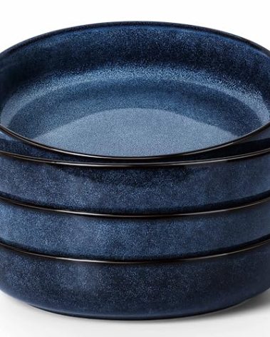 Herogo Stoneware Pasta Bowls Set of 4, Large Wide Shallow 37oz Plates and Serving Bowls Sets for Salad Soup Cereal, Microwave & Dishwasher Safe, Starry Blue