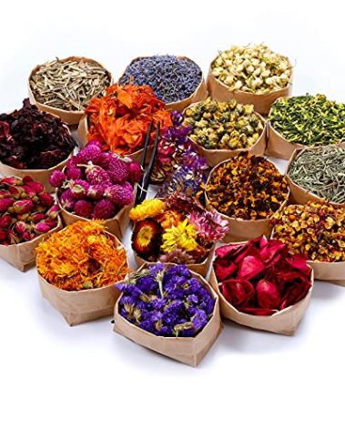 16 Bags Dried Flowers,100% Natural Dried Flowers Herbs Kit for Soap Making, DIY Candle Making,Bath - Include Rose Petals,Lavender,Don't Forget Me,Lilium,Jasmine,Rosebudsand More