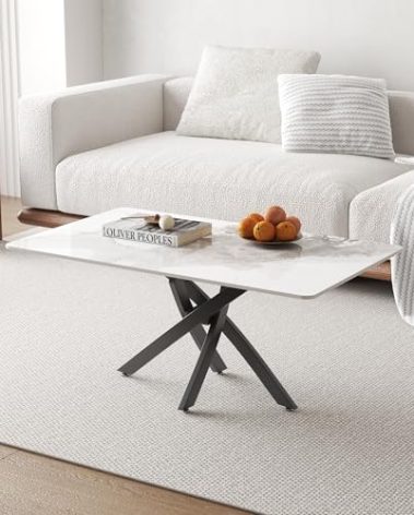 NIERN White Marble Coffee Table with Metal Legs, Rectangle Modern Sintered Stone Living Room Table for Home Office Living Room (40” x 20” x 17”)