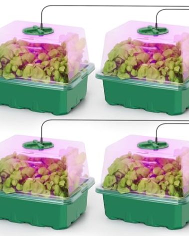 MIXC Seed Starter Kit with Grow Light, Elevated Seedling Tray Kit with Adjustable Humidity Dome and Clear Cell Tray, 12 Full Spectrum Led Beads for Seed Starting Greenhouse, 4 Pack, Green