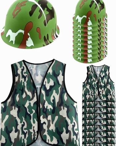 Puteraya 20 Pcs Kids Army Soldier Costume Set Includes 10 Pcs Camouflage Helmets 10 Pcs Camouflage Vest Military Soldier Dress Up Set for Kids Halloween Career Day Birthday Party Role Play