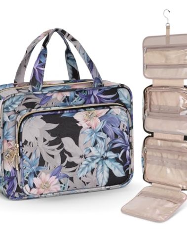 Wedama Toiletry Bag for Women, Large Cosmetic Travel Bag, Hanging Toiletry Bag for Bathroom, PVC Waterproof Makeup Bag, Toiletries Bag for Travel Business Trips and Camping, Black+Brown Floral