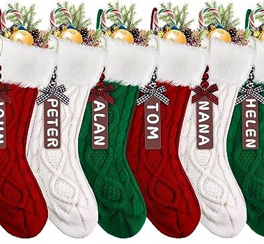 XIMISHOP 6PACK Christmas Stockings,18Inches Large Cable Knitted Stocking Personalized Xmas Hanging Stocking Decorations with Name Tags for Holiday Christmas Party Family Decor(Green Red White