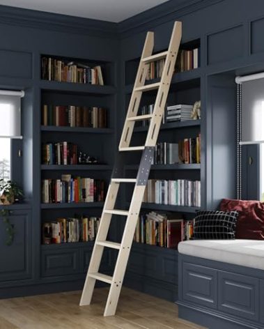 CEAKIAN Rolling Library Ladder 9ft,450lbs Capacity,8 Steps with Build-in Handrail,Solid Wood,Easy Assembly for Loft Bookshelf Kitchen Attic Outdoors,DIY Stain (No Sliding Hardware)