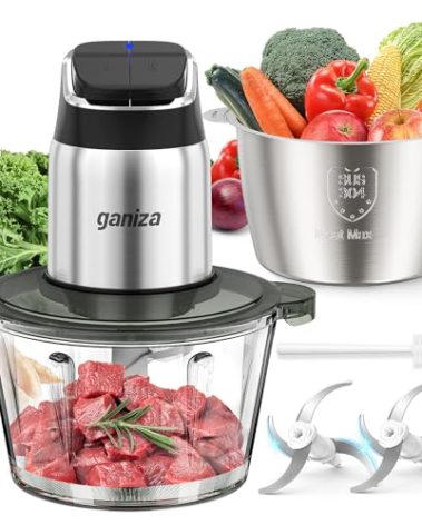 Ganiza Food Processor, 2-Speed Food Chopper Meat Grinder with 8 Cup Stainless Steel & 8 Cup Glass Bowls, Upgraded Button & Smart Overheat Protection Light - Includes Clean Brush, 2 Sets of Blades