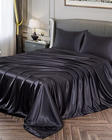 Vonty Satin Sheets Split King Silky Soft Satin Bed Sheets Black Sheet Set, 2 Deep Pocket Fitted Sheet + 1 Flat Sheet + 2 Pillowcases