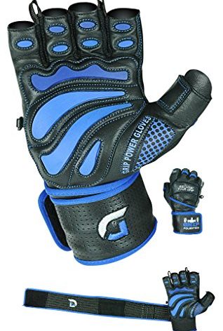 Elite Leather Gym Gloves with Built in 2" Wide Wrist Wraps Grip & Design for Weightlifting Power Lifting Bodybuilding & Strength Training Workout Exercises (Blue, X-Large)