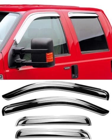 STARTSHIP Chrome Side Window Visors Wind Vent Deflector for 1999-2016 Ford F-250/F-350/F-450/F-550 Super Duty SuperCrew Cab,4pcs Outside Mount Tape-On Chrome Nice Sun Rain Guards Set 94953Y