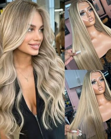 Highlight Ombre Ash Blonde Lace Front Wig Human Hair for White Women, 13x4 Invisible Lace Lace Frontal Wig Pre Plucked Natural Hairline Full 180% Density Real Human Hair Glueless Wigs with Brown Roots