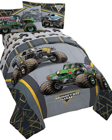 Jay franco Monster Jam MJ Life 4 Piece Twin Bed Set-Includes Reversible Comforter&Sheet Set-Bedding Features Grave Digger, Max-D, Megalodon-Super Soft Microfiber-(Official Monster Jam Product)