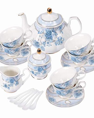 fanquare Blue Flowers Porcelain Tea Set, Tea Cup and Saucer Set Service for 6, Wedding Tea Set with Sugar Bowl Cream Pitcher, Floral Coffee Set for Tea Party