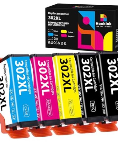 Hookink Remanufactured Ink Cartridge Replacement for Epson 302XL 302 XL T302 Printer Ink to use with Expression Premium XP-6100 XP6100 XP6000 XP-6000 5-Pack (Black, Photo Black, Cyan, Magenta, Yellow)