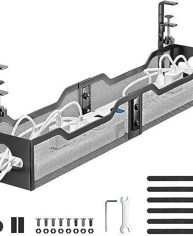 Under Desk Cable Management Tray Black, Litwaro Cable Management Under Desk No Drill, 25'' Cable Tray with Clamp for Wire Management, Cord Organizer for Office, Home - No Damage to Table