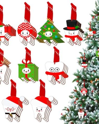 Hoteam 18 Pcs Christmas Tooth Ornaments for Tree Double-Sided Print Xmas Gifts for Dental Dentist Laboratory Technician (Cute Teeth)