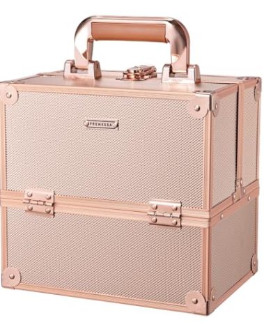FRENESSA Makeup Train Case Makeup Case Travel Cosmetic Box Organizer Portable Make Up Box with Dividers Lockable for Artist Nail Sewing Vanity Storage Makeup Travel Case Rose Gold