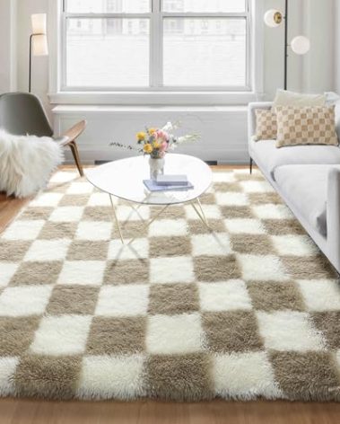 KICMOR Rugs for Living Room, 5x8 Fluffy Soft Beige and Cream White Checkered Shag Area Rug Large Fuzzy Shaggy Bedroom Carpet, Plush Rug for Kids Boys Girls Teen Dorm Nursery Home Decor Aesthetic