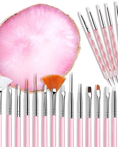 21 Pcs Nail Art Brushes Nail Art Tool Set Resin Palette Nail Art Painting Mixed Color 2 Way Acrylic Silicone Carving Pen Dotting Pen Tool Manicure Kit DIY Makeup Display Board for Home Salon, Pink