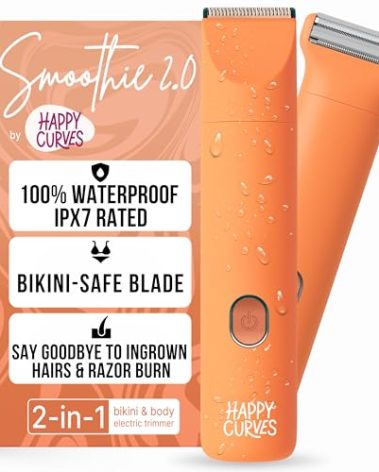 HAPPY CURVES Smoothie 2.0 Bikini Trimmer - Electric Razor for Women, Waterproof Hair Groomer with Adjustable Guards, Personal Shaver for Pubic Hair, Ladies Intimate Shaver and Body Trimmer (Mango)
