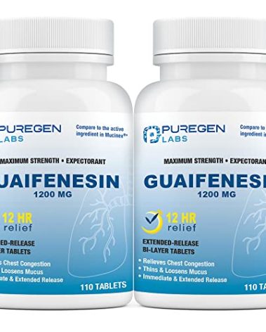 Puregen Labs Mucus Relief 12 Hour Extended Release Guaifenesin 1200mg Maximum Strength | Total 220 Tablets | Relief from Cough, Cold, Nasal & Chest Congestion | Expectorant | Extended Release Tablets