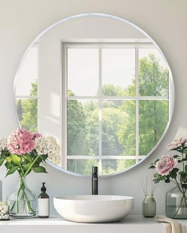 Mfring Silver Round Mirror, Silver Round Mirror 24 inch, Metal Frame Chrome, Circle Wall Mounted Mirrors for Bathroom, Living Room, Bedroom, Entryway, Vanity, Nickel