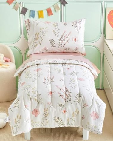 Joyreap 4 Piece Cotton Toddler Bedding Set for Girls, Pink Flowers Reversible Design, Soft Breathable Cotton Toddler Comforter Set