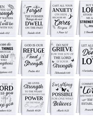 FuWeave 12 Pcs Religious Christian Kitchen Dish Towel Christmas Christian Gifts for Women Men Bible Verse Dishcloth Absorbent Scripture Tea Towel for Housewarming(White and Black,Classic)