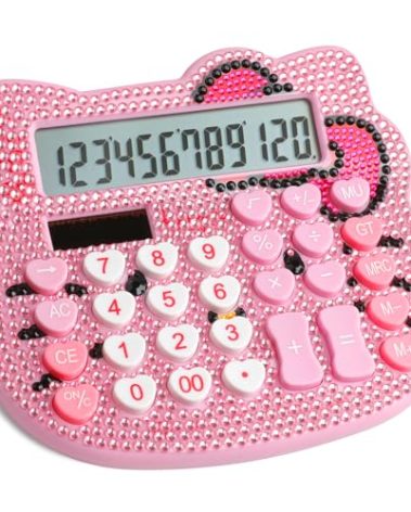 Cute Pink Rhinestones Calculator with 12-Digit LCD Display, Dual Powered by Solar and Battery