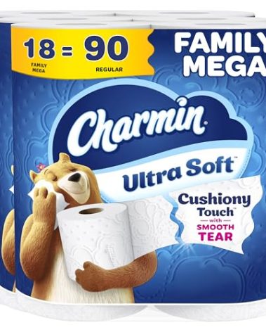Charmin Ultra Soft Cushiony Touch Toilet Paper, 18 Family Mega Rolls = 90 Regular Rolls