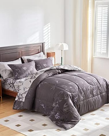 7-Piece Bed in a Bag King Comforter Set with Sheets, Black Leaves Botanical Design Lightweight Bedding for All Season (1 Comforter, 2 Pillow Shams, 1 Fitted Sheet, 2 Pillowcases)