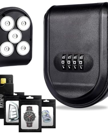 Magnetic Key Box for Under Car with 5 Strong Magnets, Hide a Key Outside with Resettable Combination Lock Box, Waterproof Magnetic Key Holder for Outdoor, Vehicle, Home, or Office Use (1, Black)