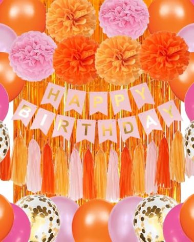 Pink and Orange Happy Birthday Party Decorations, Pink-Orange Groovy Décor Supplies with Banner Balloons Paper Pom Poms Tassels Garland Fringe Curtain for Women Girls Teens Her Birthday
