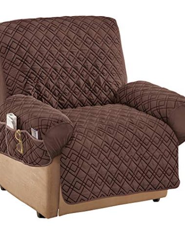 Collections Etc Diamond-Shape Quilted Stretch Recliner Cover with Storage Pockets and Elastic Straps - Furniture Protector, Chocolate, Recliner