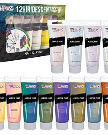 U.S. Art Supply 12-Color Iridescent Acrylic Paint Set Large 75ml Tubes - Luminescent, Chameleon, Color-Shifting Pearl Colors, Crafting Paints - Iridescent Paint Acrylics for Canvas, Wood, Rock, Paper