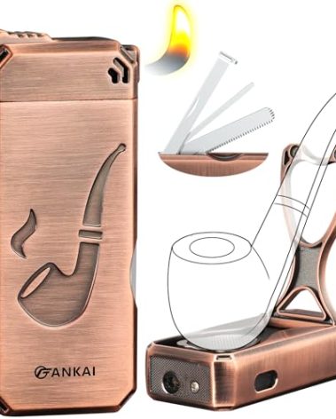 FANKAI Pipe Lighter, Built-in Stand, 3 in 1 Cleaner Tools, Refillable Butane, Gas Window with Angled Soft Flame, Pipe Gift Butane not Included