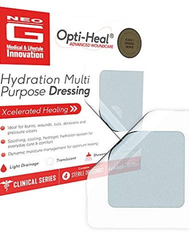 Neo G Opti-Heal Hydration Multi Purpose Dressing - Hydrogel Wound Dressing Pads for Advanced Wound Management - Ulcer Dressing, Bed Sore Bandages, Diabetic Wound, Burn Dressing Gel 4 x 4-4 Pcs