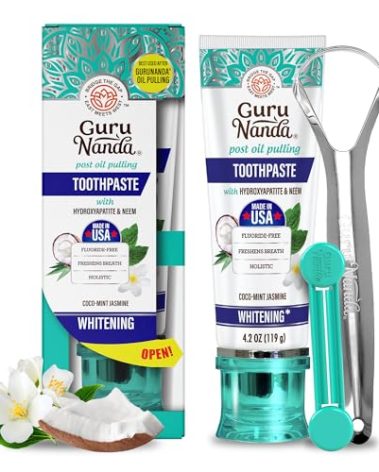 GuruNanda Hydroxyapatite Toothpaste, SLS & Fluoride Free, Whitening Toothpaste with Tongue Scraper & Squeezer - Freshens Breath, Fights Plaque - Natural CocoMint Jasmine Neem, 4.2oz