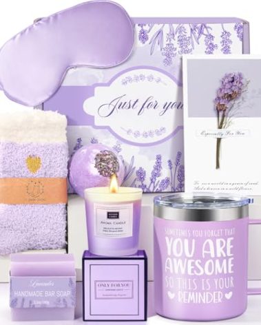 Birthday Gifts for Women Lavender Spa Gift Basket for Women Self Care Relaxing Bath Set Purple Gifts Inspirational Gift for Mom Wife Her Female Sister Teacher Nurse Friends Employee Coworker Spa Gifts