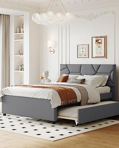 YOPTO Full Size Upholstered Platform Bed with Twin Size Trundle & 2 Drawers,Linen Fabric Tufted Bed Frame W/Brick Pattern Headboard and Wood Slats Support for Bedroom,Apartment,Gray