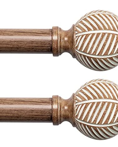 Wood Curtain Rods for Windows: 1 Inch Diameter Adjustable Drapery Rods 72" to 144", 2 Pack Heavy Duty Window Rod with Imitation Wood Grain Leaf Pattern Finials
