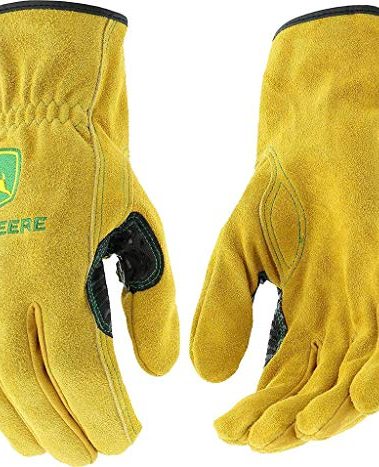 John Deere JD00004 Leather Gloves - X Large Size Split Cowhide Work Gloves with Shirred Elastic Wrist. Hand Protection Wear, Yellow, 2 Count (Pack of 1)