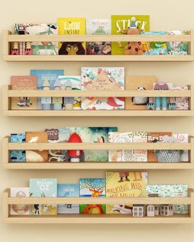Onlysky Set of 4 Wall-Mounted Kid's Bookshelf - Wood Floating Nursery Book Shelves - Durable Wood Construction - Ideal for Nursery Decor, Kids Room, Toy Storage