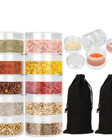 FWUNYVN 2 Sets 5 Layers Clear Portable Travel Spice Jars, Multi Camping Spice Containers with Organizer Bag, Stackable Spice Salt and Pepper Set for Outdoor Cooking, Camping, Traveling, Barbecuing