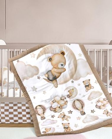 Hahafelt 3 Pcs Baby Crib Bedding Set Safari Animals Dinosaurs Bear Woodland Animals Jungle Crib Set Includes Quilt, Fitted Sheet, Skirt for Baby Boy Girl(Brown,Teddy Bear)