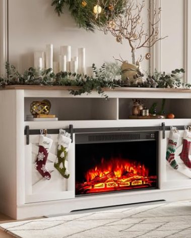 YESHOMY Fireplace TV Stand for Television up to 65+ Inch with Storage and Farmhouse Sliding Barn Doors, Entertainment Center with Cabinet and Shelves, Media Console for Living Room, White