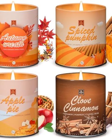 36oz Fall Winter Scented Candle Set, 4Pack Aromatherapy Soy Wax Candles House Warming Christmas Gifts, Halloween Chirstmas Holiday Candles for Women Men 9oz Apple/Wreath/Cinnamon/Pumpkin Candle