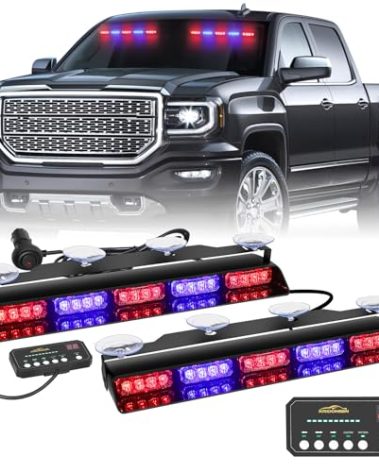 XRIDONSEN 2x 17 inch Emergency Dash Police Lights Red Blue Police Light Bar 40 LED Interior Front/Rear Windshield Strobe Lights Safety Flashing Warning Hazard w/Suction Cups for Vehicles Trucks Car