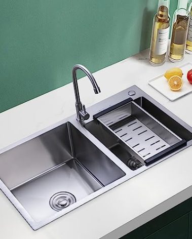 Drop-in Kitchen Sink, 30" x17'' Double Bowl Stainless Steel Built-in Kitchen Sink w/Drain Double Basin with Accessories Black for Garages, Laundry Rooms, Basements, Terraces, Bars, Bathrooms, etc