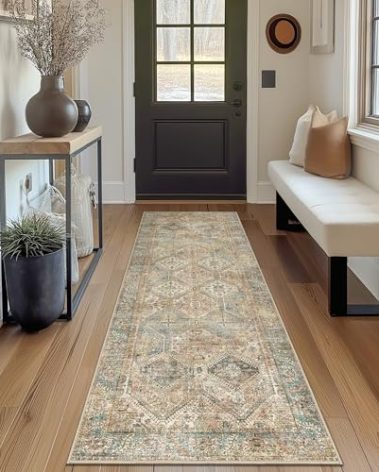 Bavni 2x7 Runner Rug Non Slip, Machine Washable Rug Runners for Hallways, Vintage Distressed Print Kitchen Runner, Low Pile Lightweight Carpet Runner for Entryway Laundry Bedroom Bathroom Wood Brown