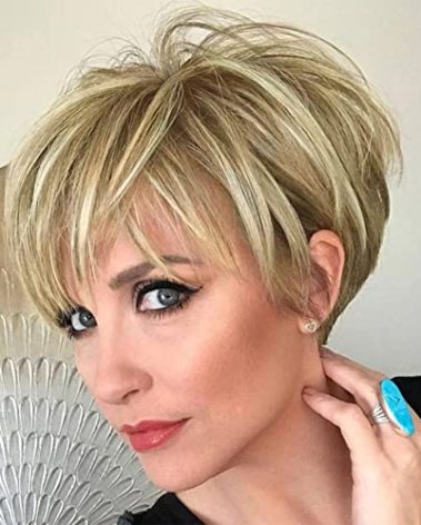 PHOCAS Pixie Cut Wigs Short Stylish Fluffy Layer Wig None Lace Replacement Wig with Bangs for Women Brown Mix Blonde Wig Short