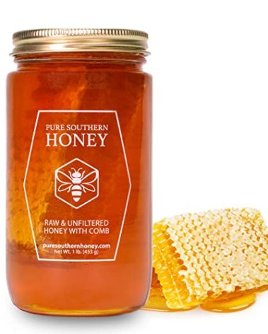 100% Raw Unfiltered Honey With Honeycomb by Pure Southern Honey [1lb] - Authentic, USA - Made Gallberry - Pure Unheated - Non - GMO, Unsweetened, Sugar - Free, Real American Honey With Comb
